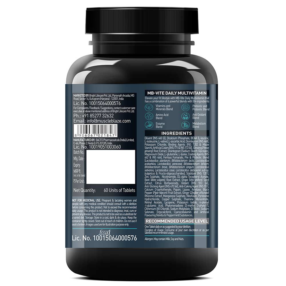 MuscleBlaze MB-VITE Daily Multivitamin, for Enhanced Energy, Stamina & Gut Health, 60 tablet(s)