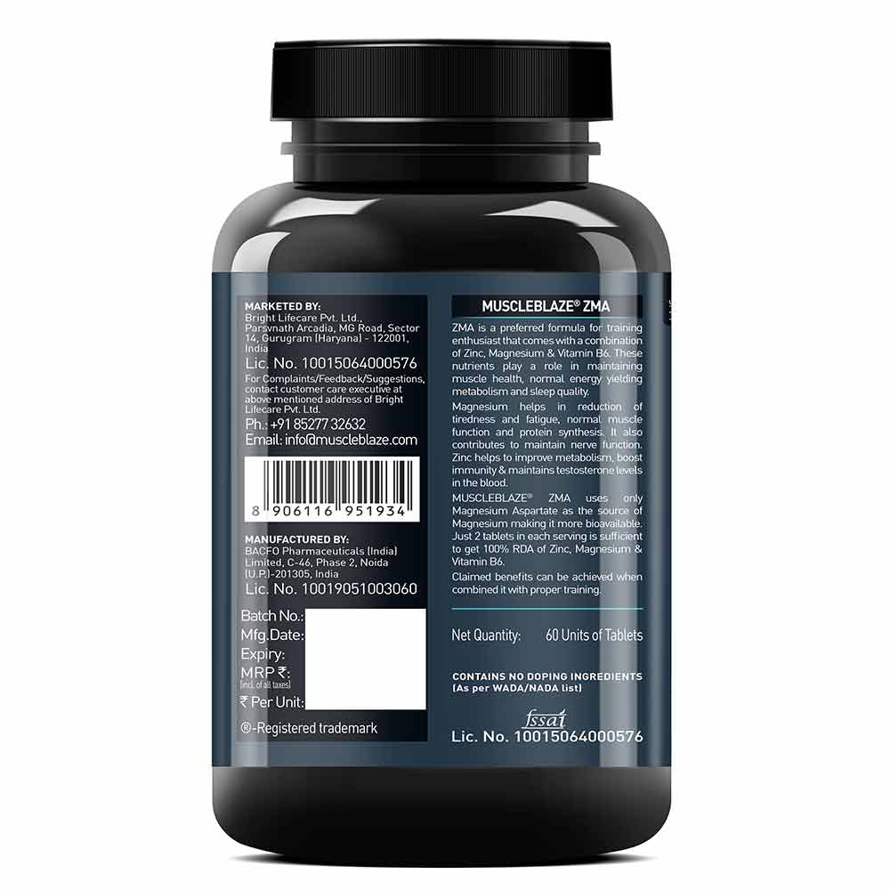 MuscleBlaze ZMA with 100% RDA of Zinc, Magnesium & Vitamin B6, 60 tablet(s)