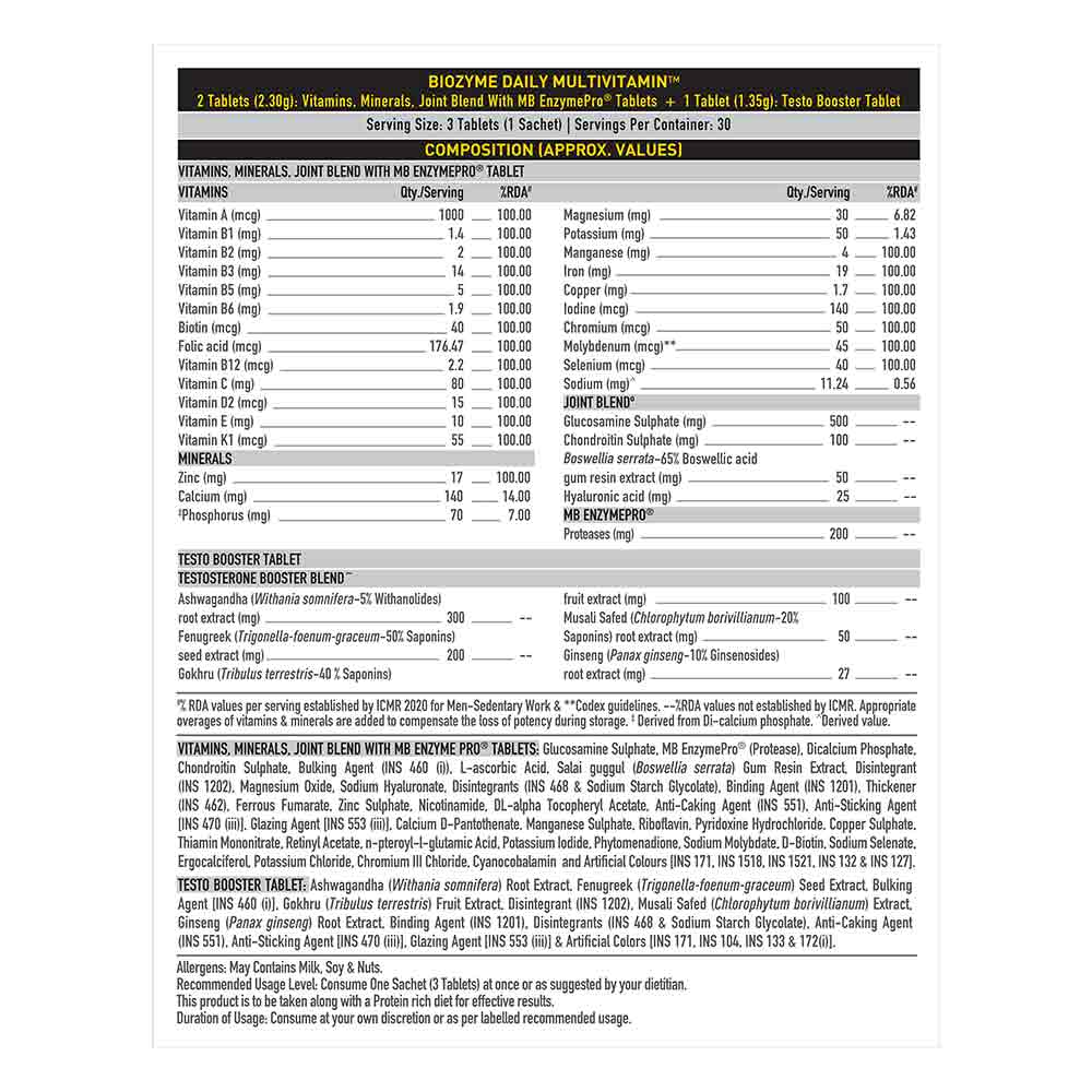 MuscleBlaze Biozyme Daily Multivitamin, 5-in-1 Supplement with Vitamins, Minerals, Joint, T-Booster Blend & EAF,90 tablet(s)
