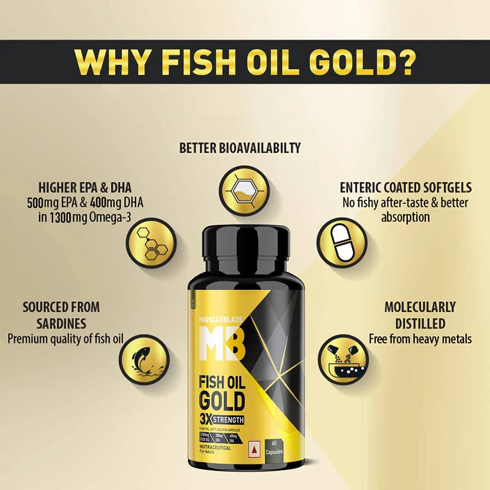 MuscleBlaze Omega 3 Fish Oil Gold 3x Triple Strength (EPA & DHA), 60 capsules